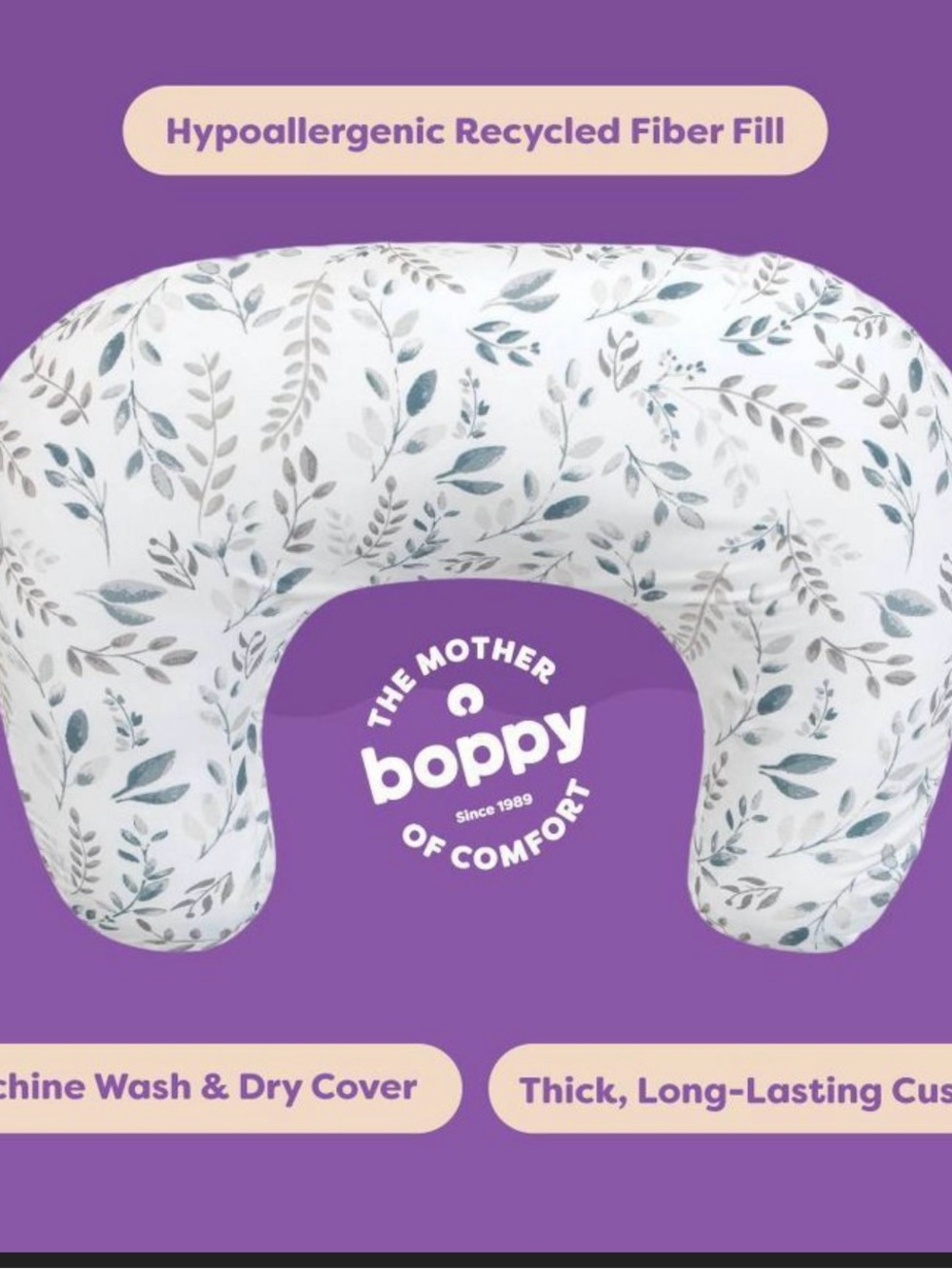 Boppy Nursing Pillow in White with Sage Leaf Print